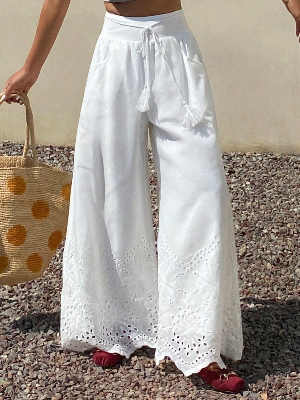 White Casual Women's Lace Hollow Out Tie-Up Pants - Picture 6 of 6